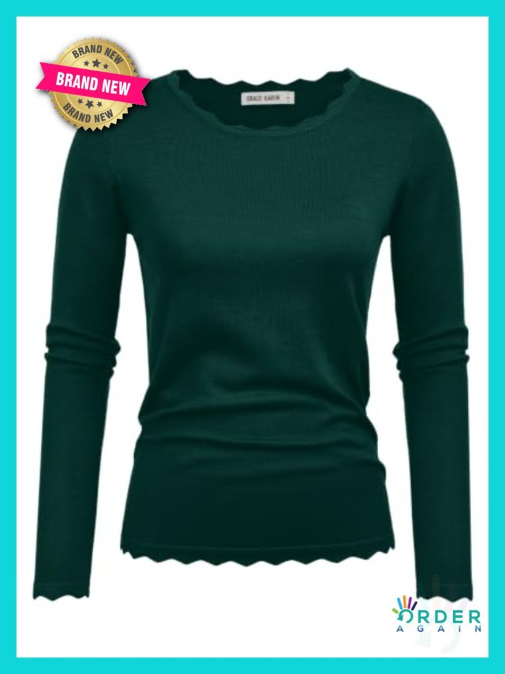 Scalloped Trim Long Sleeve Crew Neck Pullover Sweater Business Casual Top